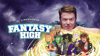 photo of Brennan Lee Mulligan and drawings of the Fantasy High characters